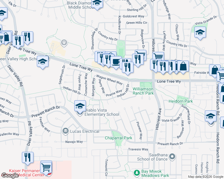 map of restaurants, bars, coffee shops, grocery stores, and more near 5020 Brookhaven Way in Antioch