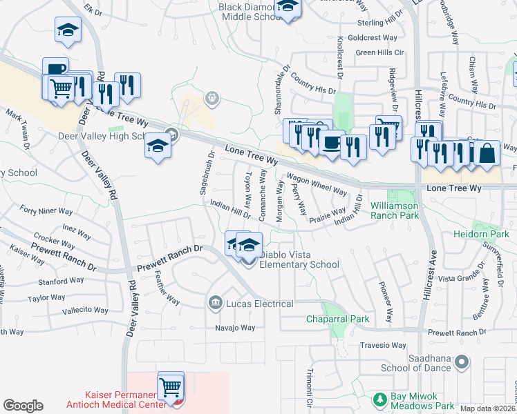 map of restaurants, bars, coffee shops, grocery stores, and more near 5058 Comanche Way in Antioch