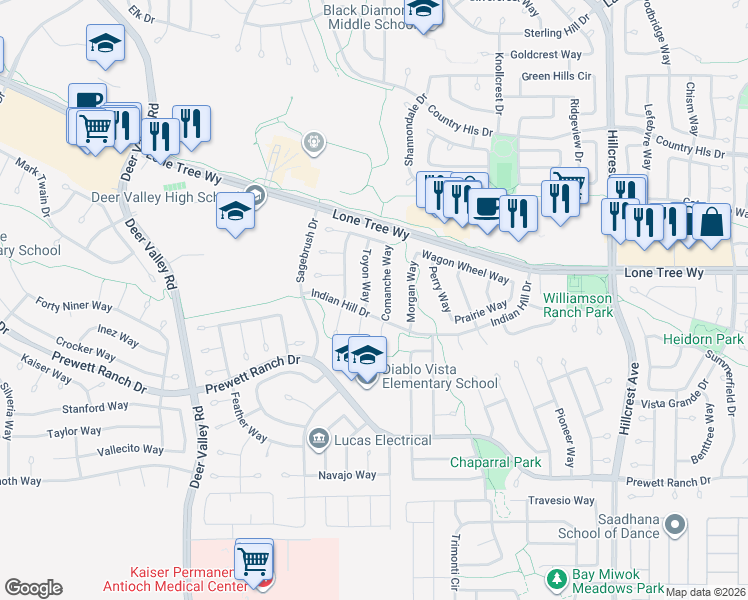 map of restaurants, bars, coffee shops, grocery stores, and more near 5058 Comanche Way in Antioch