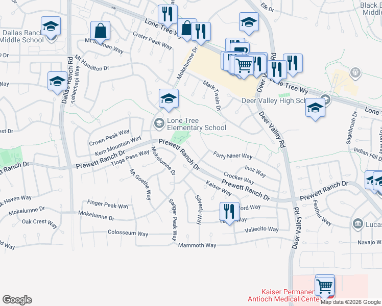 map of restaurants, bars, coffee shops, grocery stores, and more near 2376 Crocker Court in Antioch