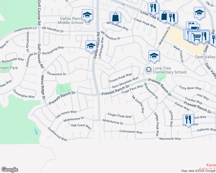 map of restaurants, bars, coffee shops, grocery stores, and more near 1720 Kern Mountain Way in Antioch