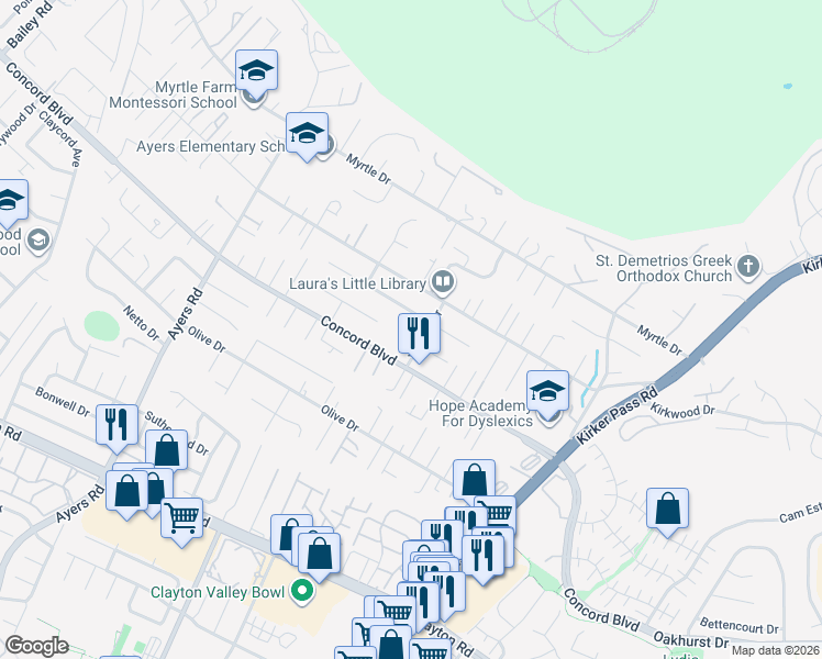 map of restaurants, bars, coffee shops, grocery stores, and more near 5247 Phillips Place in Concord
