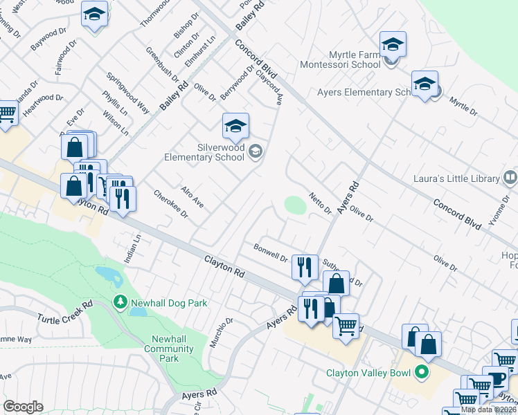 map of restaurants, bars, coffee shops, grocery stores, and more near 1578 Heather Drive in Concord