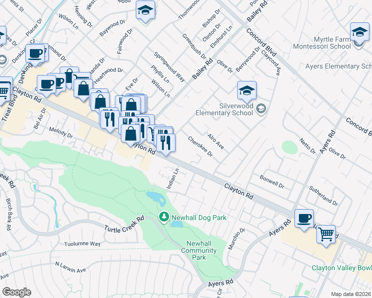 map of restaurants, bars, coffee shops, grocery stores, and more near 4807 Clayton Road in Concord