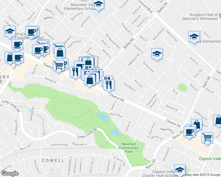 map of restaurants, bars, coffee shops, grocery stores, and more near 4787 Clayton Road in Concord