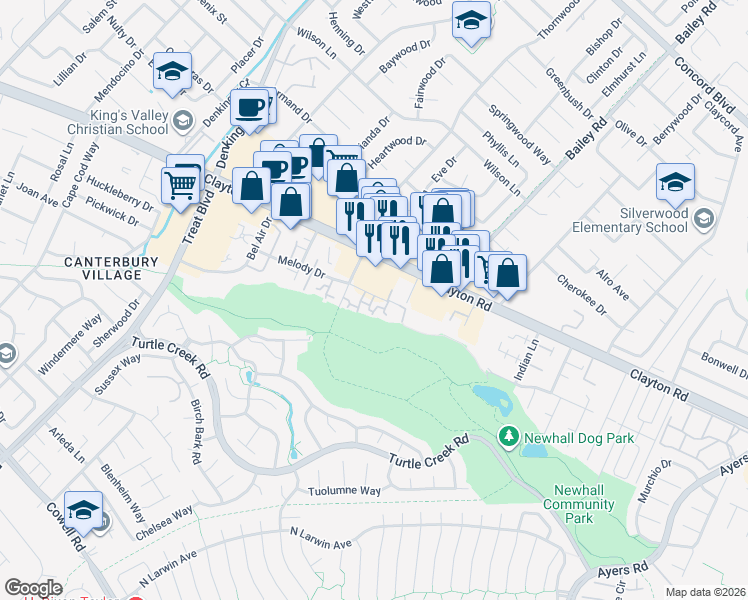 map of restaurants, bars, coffee shops, grocery stores, and more near 4640 Melody Drive in Concord