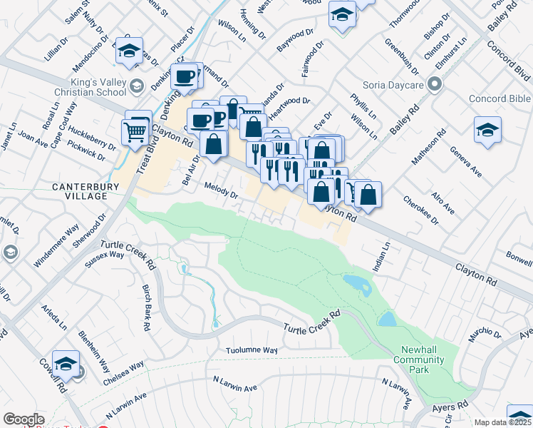 map of restaurants, bars, coffee shops, grocery stores, and more near 4640 Melody Drive in Concord