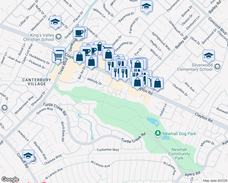 map of restaurants, bars, coffee shops, grocery stores, and more near 4640 Melody Drive in Concord