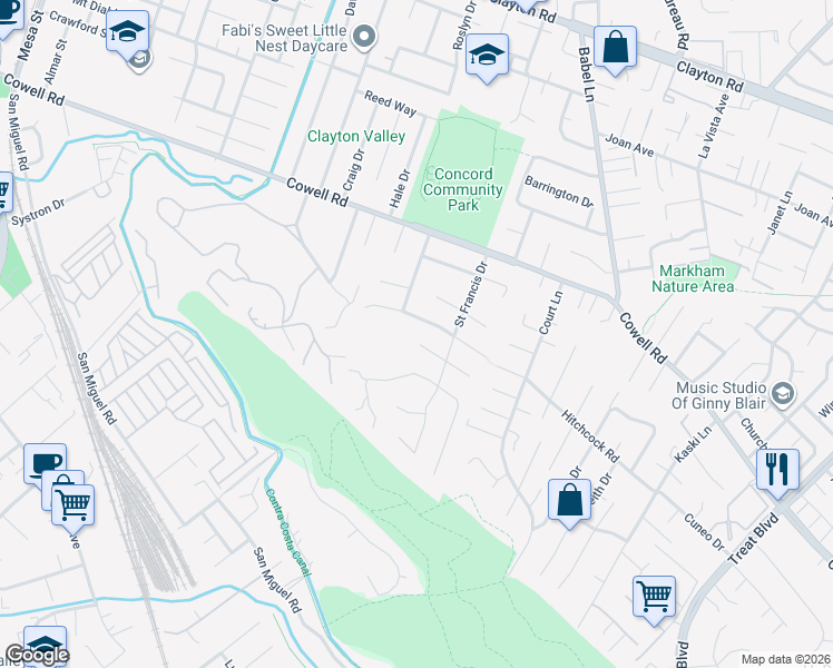 map of restaurants, bars, coffee shops, grocery stores, and more near 3674 Rosebrook Court in Concord