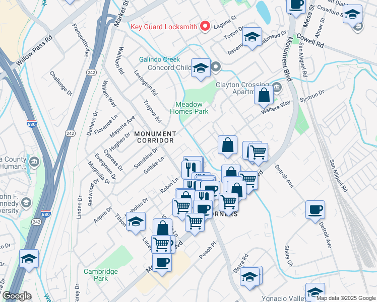 map of restaurants, bars, coffee shops, grocery stores, and more near 2020 Riley Court in Concord