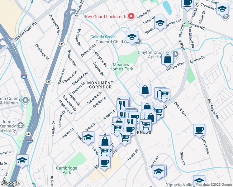 map of restaurants, bars, coffee shops, grocery stores, and more near 2020 Riley Court in Concord