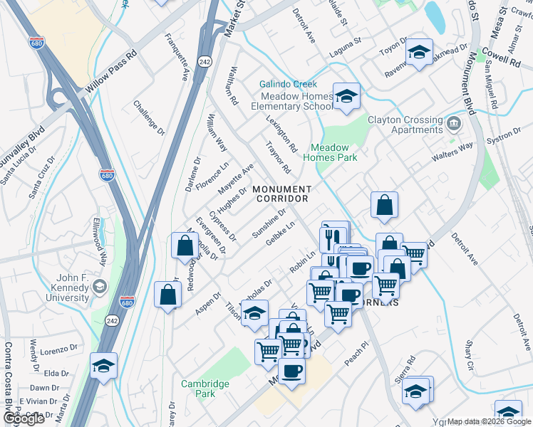 map of restaurants, bars, coffee shops, grocery stores, and more near 1931 Sunshine Drive in Concord