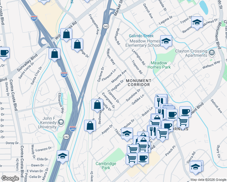 map of restaurants, bars, coffee shops, grocery stores, and more near 1820 Hughes Drive in Concord