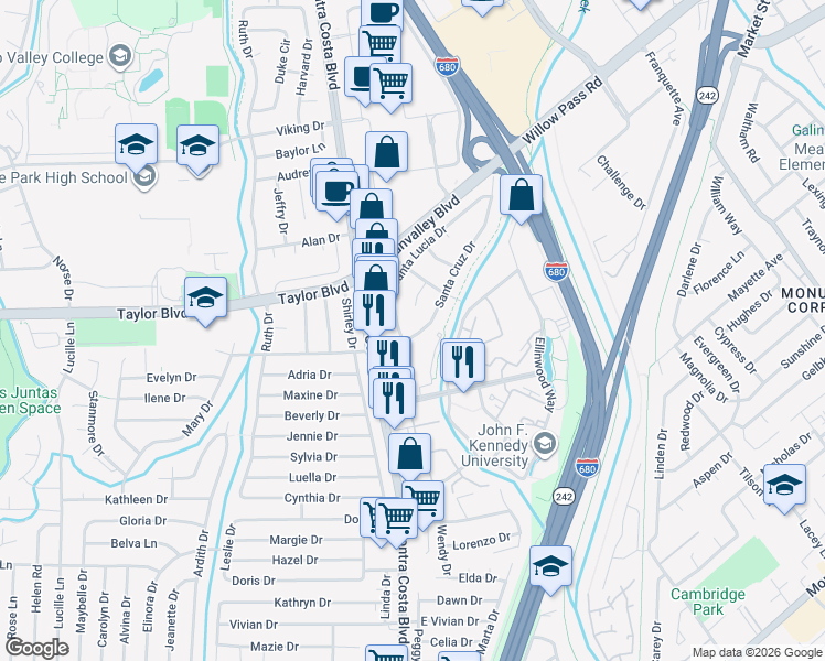 map of restaurants, bars, coffee shops, grocery stores, and more near 1045 Santa Cruz Drive in Pleasant Hill