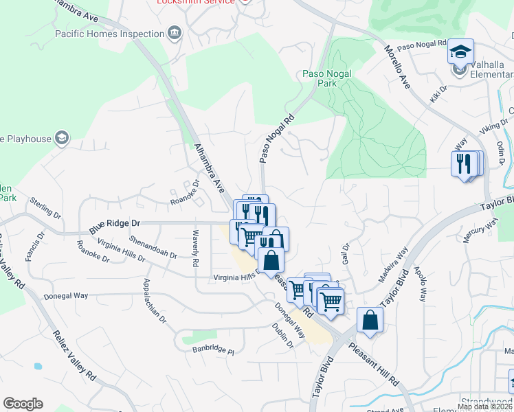 map of restaurants, bars, coffee shops, grocery stores, and more near 2805 Rockridge Drive in Pleasant Hill