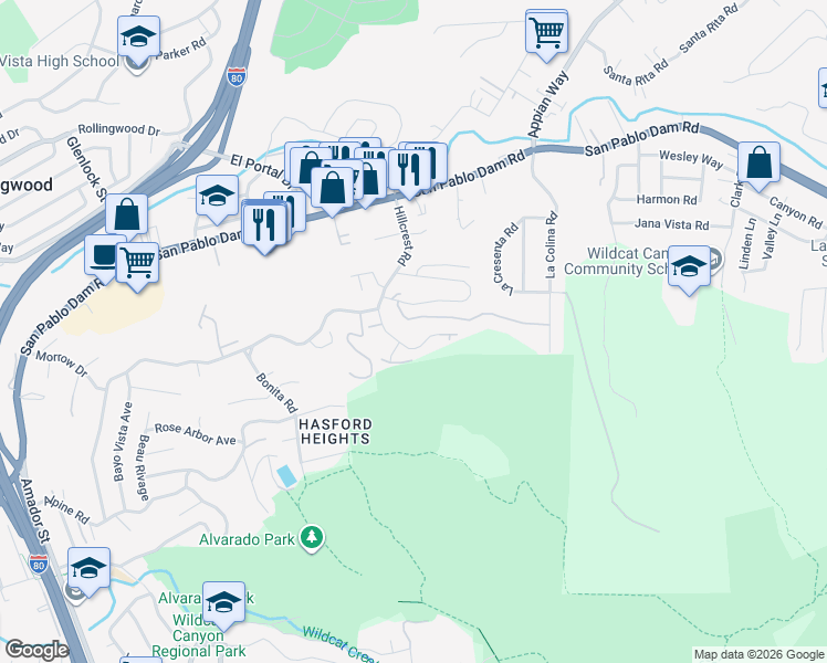 map of restaurants, bars, coffee shops, grocery stores, and more near 17 Quail Hill Lane in Richmond