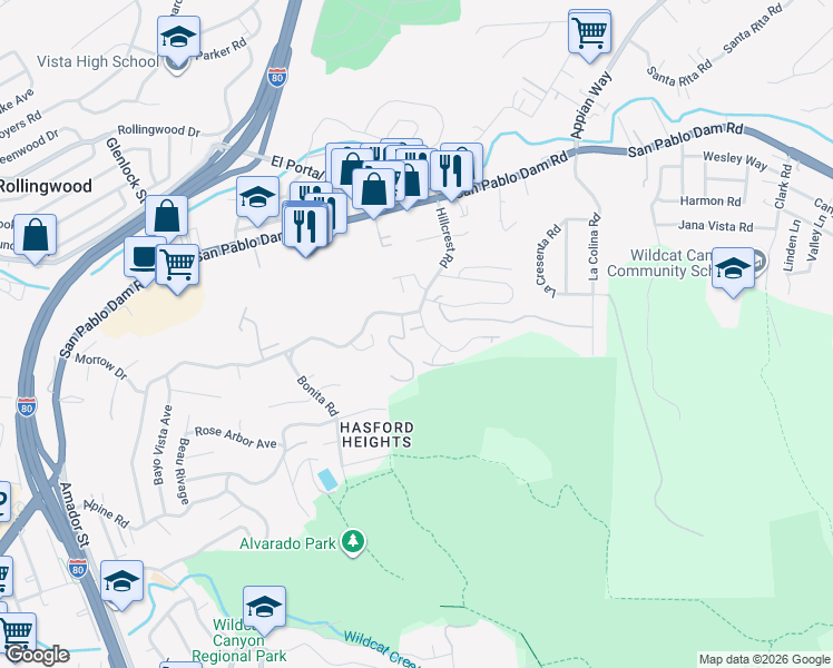 map of restaurants, bars, coffee shops, grocery stores, and more near 7 Canary Lane in El Sobrante