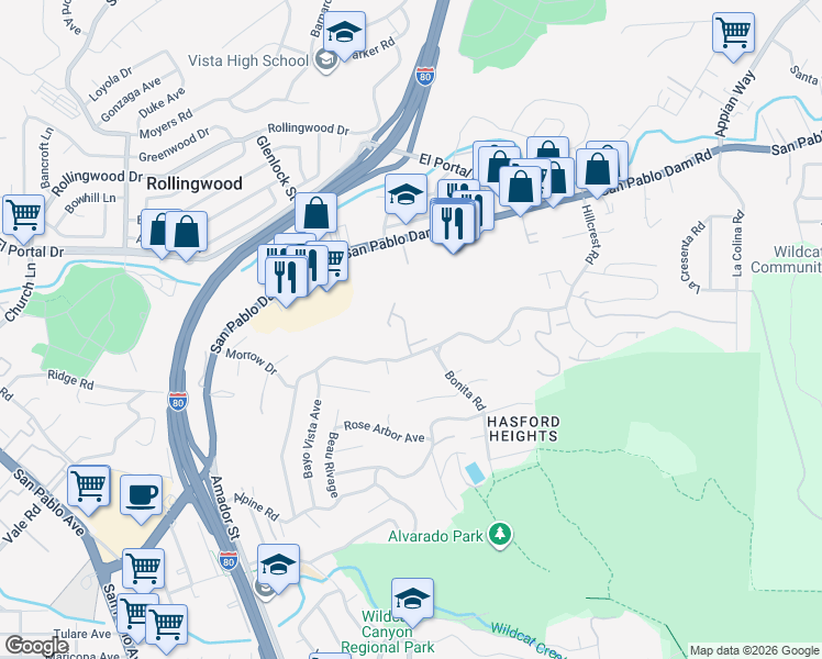 map of restaurants, bars, coffee shops, grocery stores, and more near 19 Parkview Terrace in San Pablo