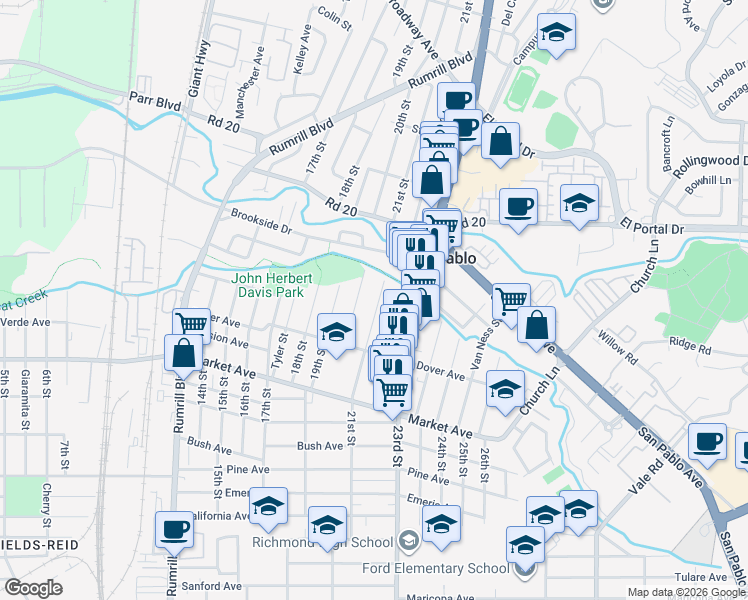 map of restaurants, bars, coffee shops, grocery stores, and more near 1992 20th Street in San Pablo
