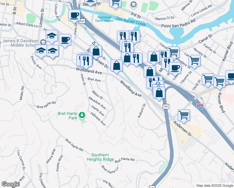 map of restaurants, bars, coffee shops, grocery stores, and more near 45 Blossom Drive in San Rafael