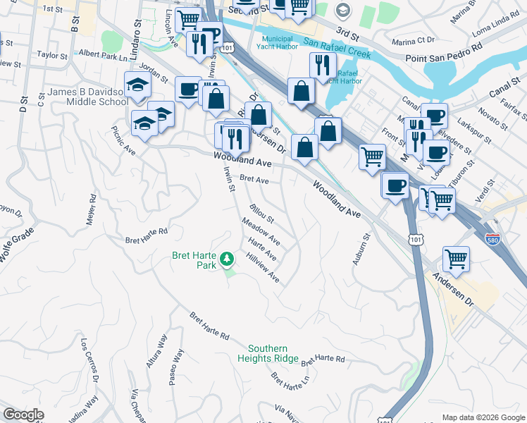 map of restaurants, bars, coffee shops, grocery stores, and more near 50 Billou Street in San Rafael