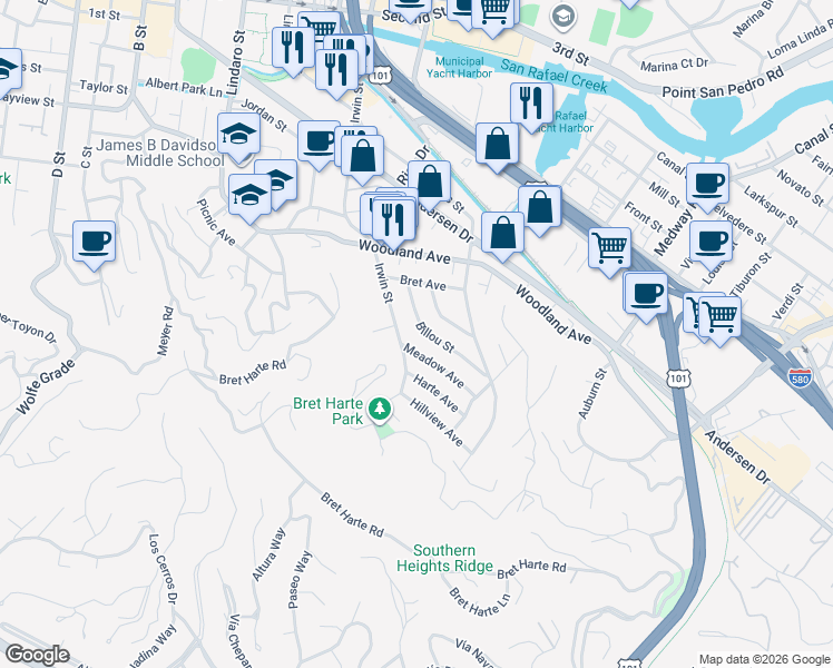 map of restaurants, bars, coffee shops, grocery stores, and more near 330 Irwin Street in San Rafael