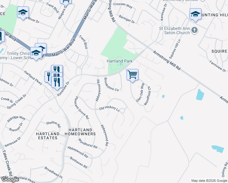 map of restaurants, bars, coffee shops, grocery stores, and more near 2445 Brookshire Circle in Lexington