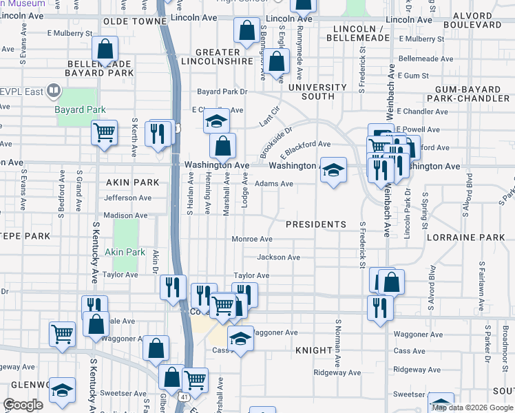 map of restaurants, bars, coffee shops, grocery stores, and more near 1128 Lodge Avenue in Evansville