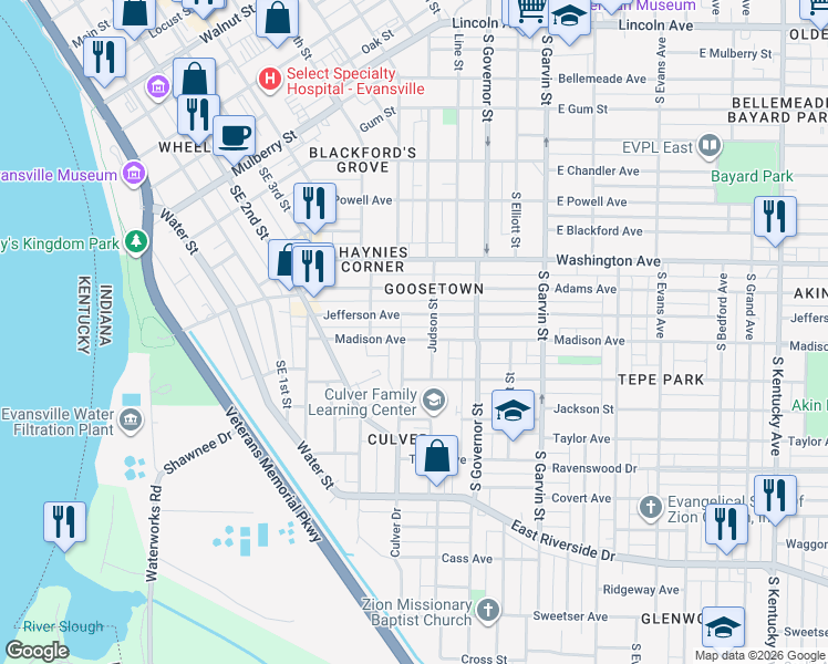 map of restaurants, bars, coffee shops, grocery stores, and more near 158-198 Madison Avenue in Evansville
