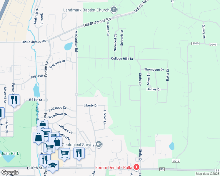 map of restaurants, bars, coffee shops, grocery stores, and more near 3 Liberty Lane in Rolla