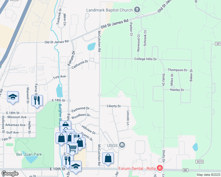 map of restaurants, bars, coffee shops, grocery stores, and more near 1407 Liberty Drive in Rolla