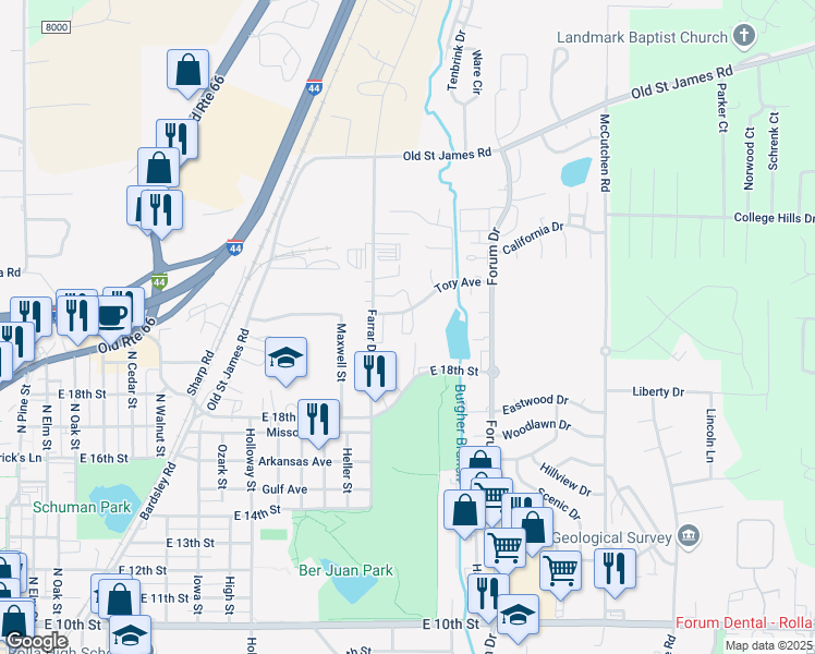 map of restaurants, bars, coffee shops, grocery stores, and more near 1883 Liam Court in Rolla