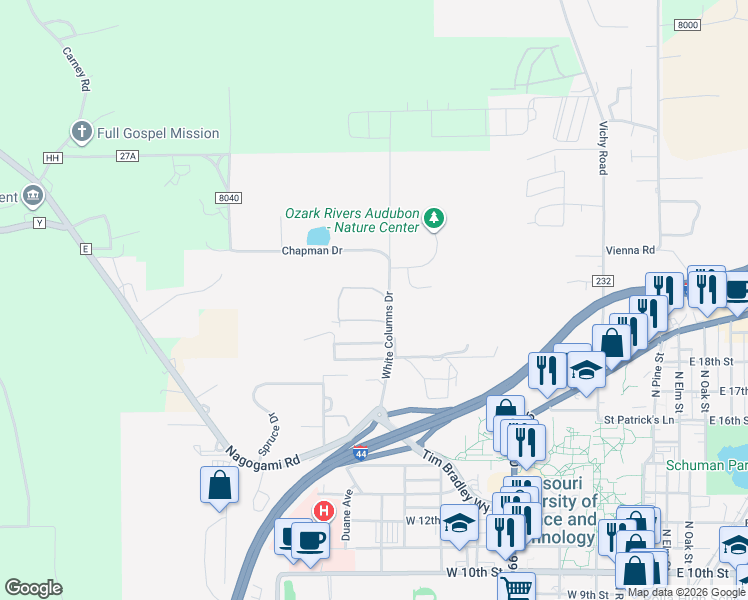 map of restaurants, bars, coffee shops, grocery stores, and more near 1105 Crinoidal Street in Rolla