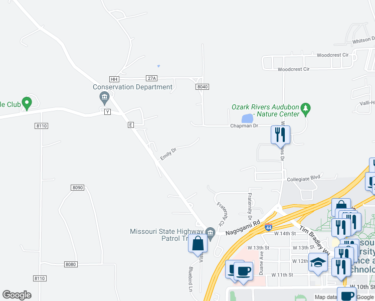 map of restaurants, bars, coffee shops, grocery stores, and more near 1973 Emily Drive in Rolla