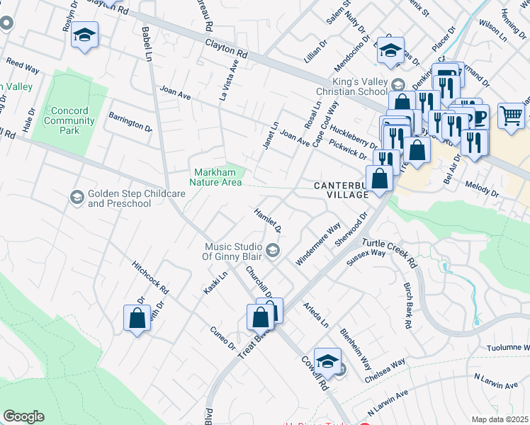 map of restaurants, bars, coffee shops, grocery stores, and more near 4095 Hamlet Drive in Concord