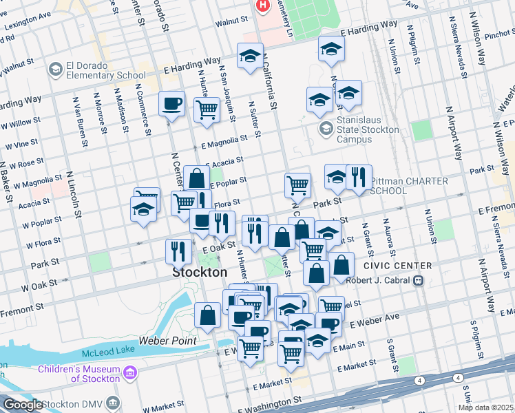 map of restaurants, bars, coffee shops, grocery stores, and more near 726 North San Joaquin Street in Stockton