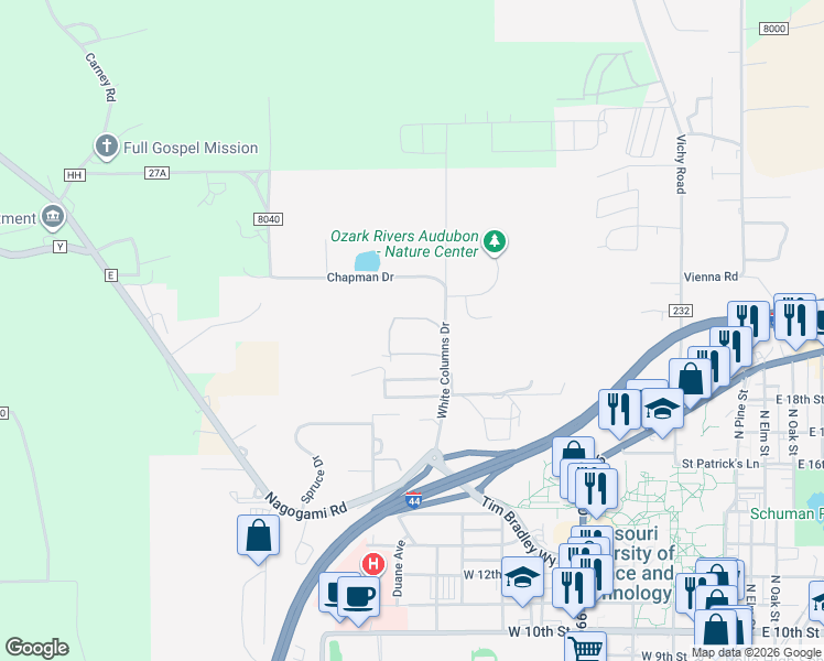 map of restaurants, bars, coffee shops, grocery stores, and more near 1105 Crinoidal Street in Rolla