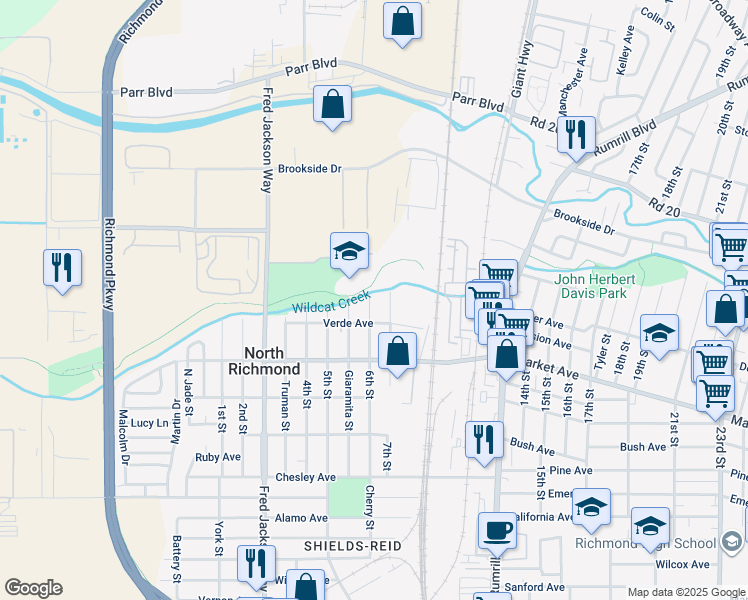 map of restaurants, bars, coffee shops, grocery stores, and more near 1936 6th Street in Richmond