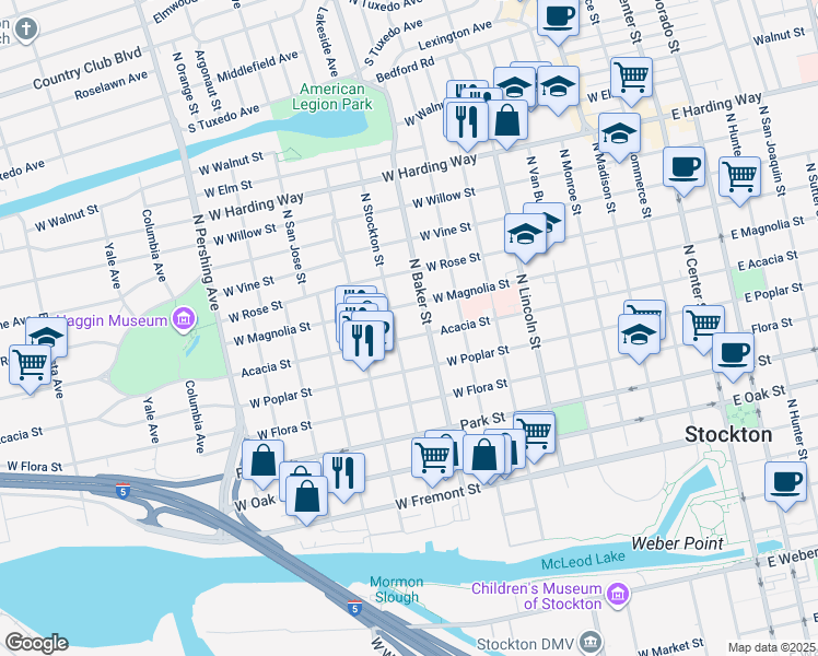 map of restaurants, bars, coffee shops, grocery stores, and more near 825 Acacia Street in Stockton