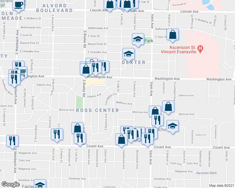 map of restaurants, bars, coffee shops, grocery stores, and more near 1002 Corregidor Circle in Evansville