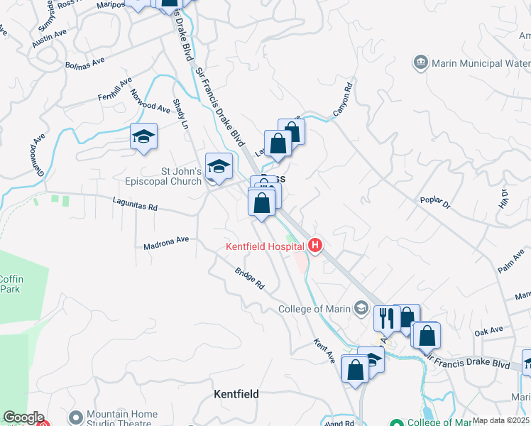 map of restaurants, bars, coffee shops, grocery stores, and more near 23 Ross Common in Ross