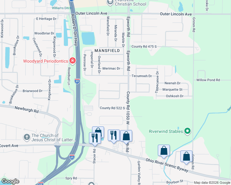 map of restaurants, bars, coffee shops, grocery stores, and more near 10569-10577 Monticello Drive in Newburgh