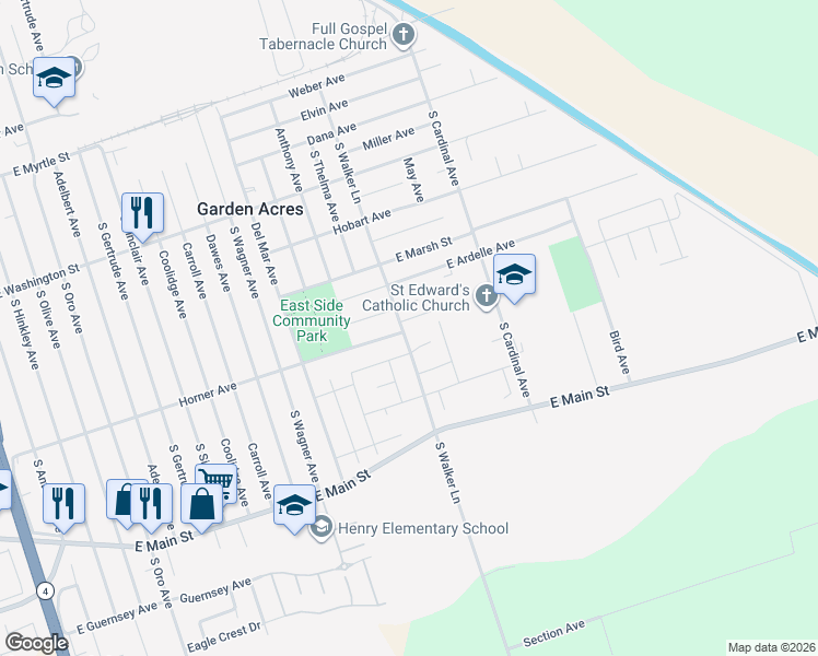 map of restaurants, bars, coffee shops, grocery stores, and more near 630 South Walker Lane in Stockton