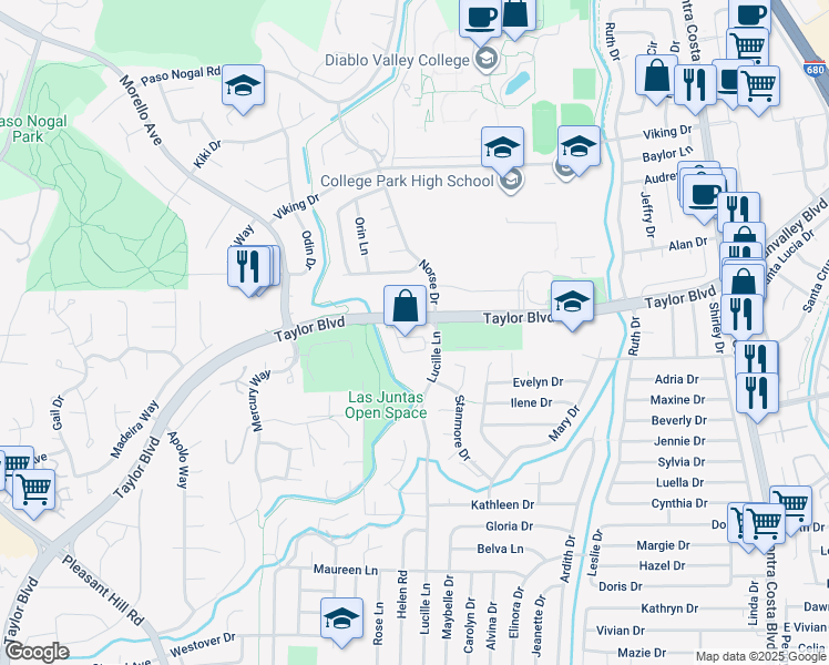 map of restaurants, bars, coffee shops, grocery stores, and more near 117 Haven Circle in Pleasant Hill