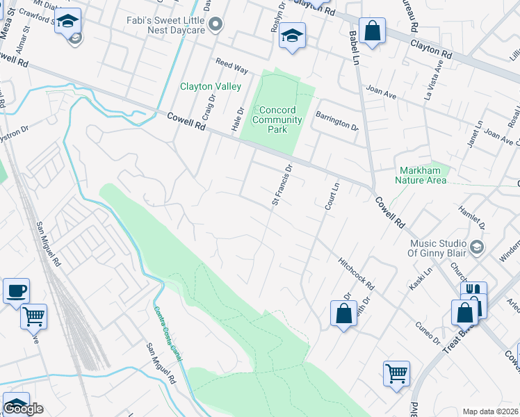map of restaurants, bars, coffee shops, grocery stores, and more near 3698 Liscome Way in Concord