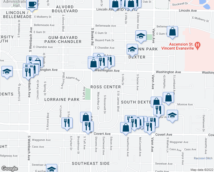 map of restaurants, bars, coffee shops, grocery stores, and more near 2517 Adams Avenue in Evansville