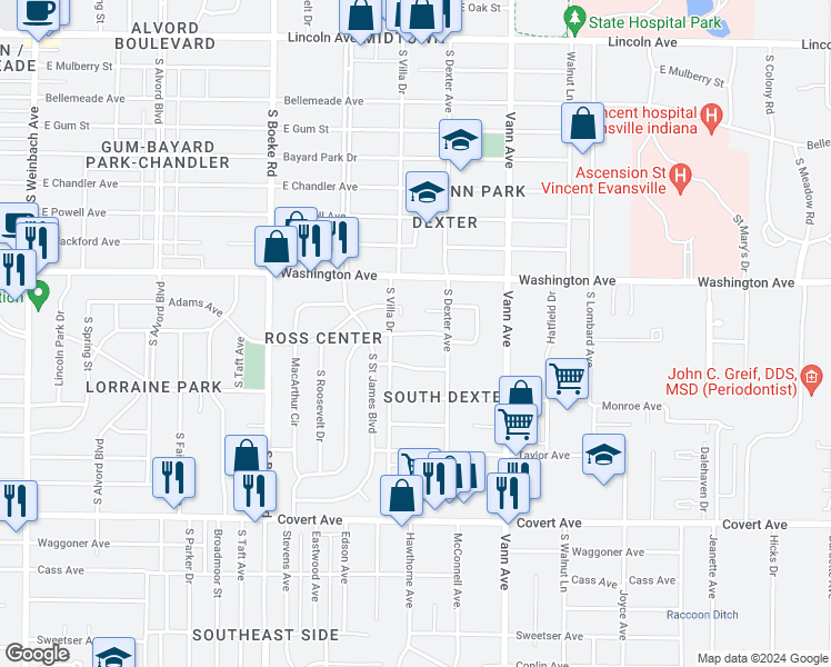 map of restaurants, bars, coffee shops, grocery stores, and more near 2901 Jefferson Avenue in Evansville