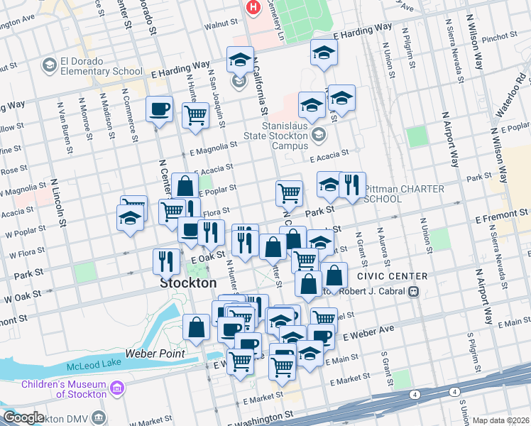 map of restaurants, bars, coffee shops, grocery stores, and more near 327 East Park Street in Stockton