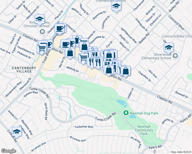 map of restaurants, bars, coffee shops, grocery stores, and more near 1461 Lark Lane in Concord