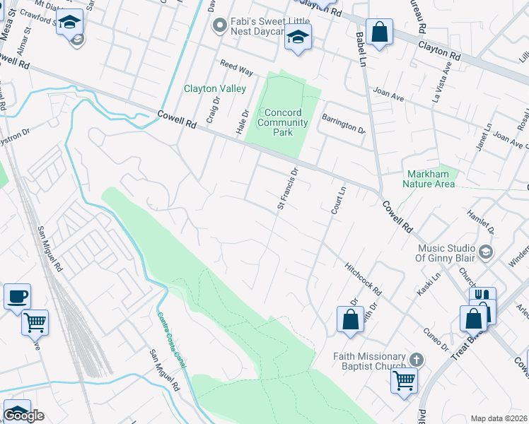 map of restaurants, bars, coffee shops, grocery stores, and more near 3698 Liscome Way in Concord